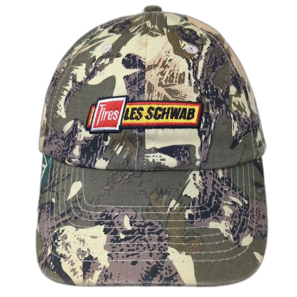 Go USA Baseball Cap Beige Green OS Les Schwab Tires Camo Strapback Logo Hat